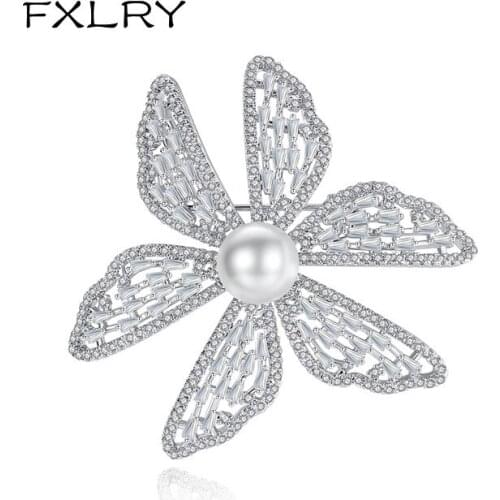 FXLRY New Arrive fashion micro-set zircon flower pearl brooch Sweater Coat Accessories