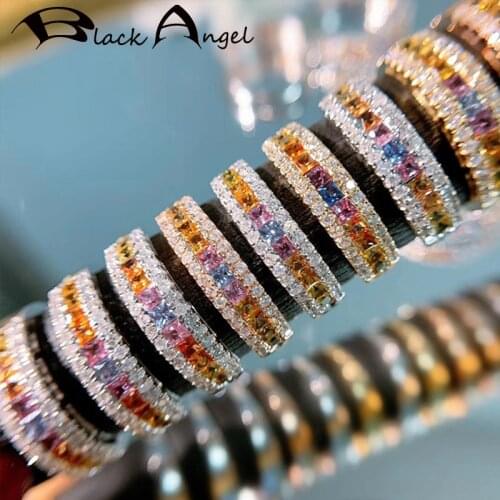 BLACK ANGEL 2021 New 18K Gold 3 Rows Rainbow Color Zircon Sapphire Citrine CZ Resizable Ring For Women Fine Jewelry Wedding Gift