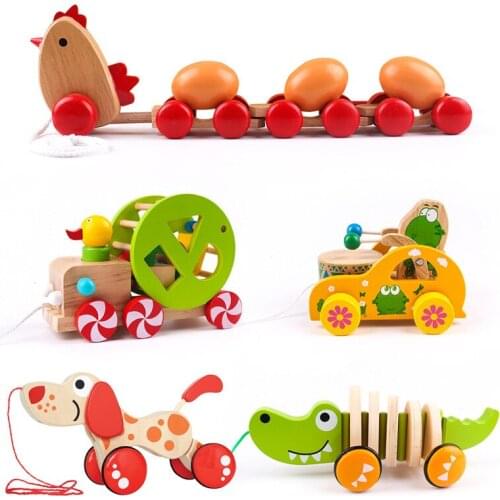 Wooden Pull Toy Wooden Car Child Toddler Toy Wooden Cartoon Animal Walk-A-Long Puppy Toy Learn Walk Toy Tractors