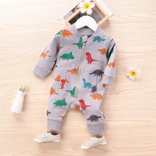 European and American style childrens clothing boy dinosaur print long-sleeved one-piece baby romper cartoon print romper 2021