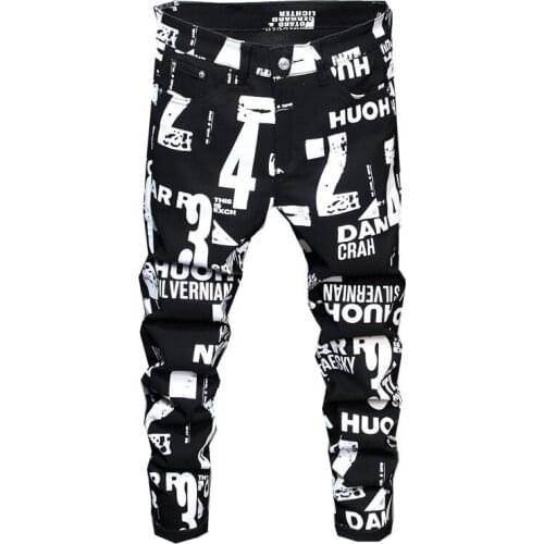 European And American Digital Printing Jeans Mens Letter Graffiti Painted Skinny Pants Hip Hop Casual Stretch Denim Trousers
