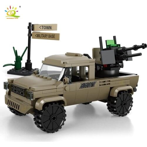 HUIQIBAO 258pcs Military Transport Pick-up Investigation Vehicle Model Building Blocks Army Soldier Truck Bricks Toys Children