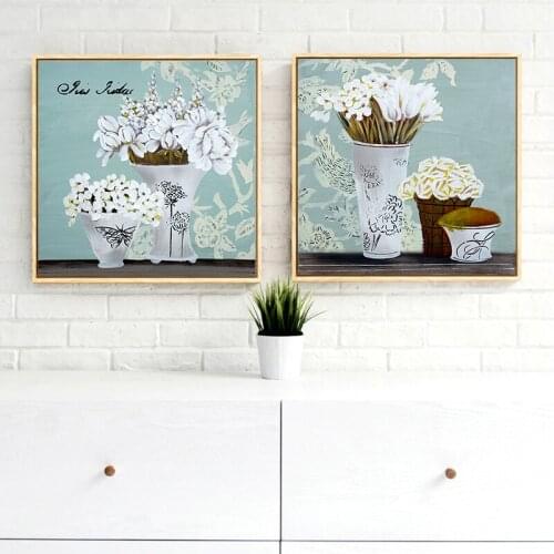 2 Piece Wall Art On Canvas Modern Painting Wall Pictures Print White Flowers In Vase On Desk Wall Art Painting Printed No Frame