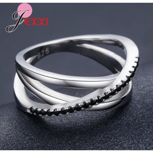 Genuine 925 Sterling Silver Black CZ Crystal Vintage Vine Finger Rings For Women Engagement Wedding Statement Jewelry Accessory