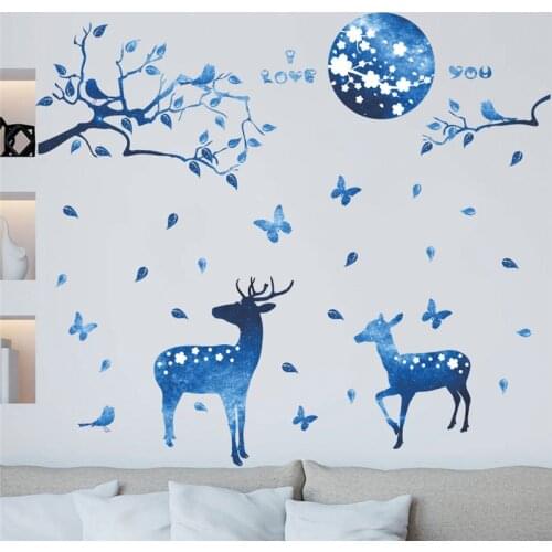 Creative Sika Deer Moon Butterfly Pattern Wall Art Stickers For Kids Room Bedroom Home Decoration Diy 3d Animal Murals Pvc Decal