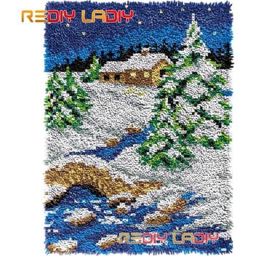 Latch Hook Rug Winter Village Crocheting Tapestry Kits DIY Carpet Rug Chunky Yarn Needlework Knitted Floor Mat Hobby & Crafts