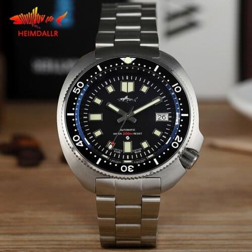 HEIMDALLR Mens Vintage Mechanical Watch 44mm Black Dial Sapphire NH35A Automatic Movement Watch 200M Waterproof Diver Watches