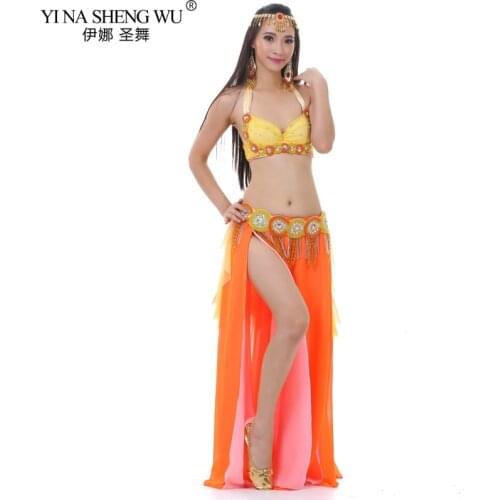 New Women Belly Dance Costume India Oriental Performance Sets Wear Split Skirt Belly Dance Bra Belt Sequins Diamond Dancer Stage