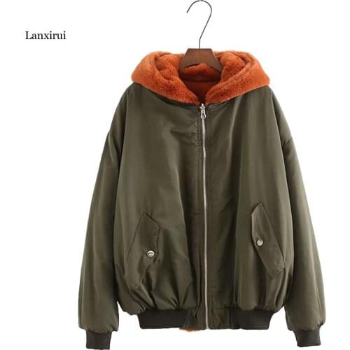 Winter Women Fashion Parka Jackets Coats Hooded Wool Liner Two Side Wear Jacket Female Loose Plus Size Parka Outwear