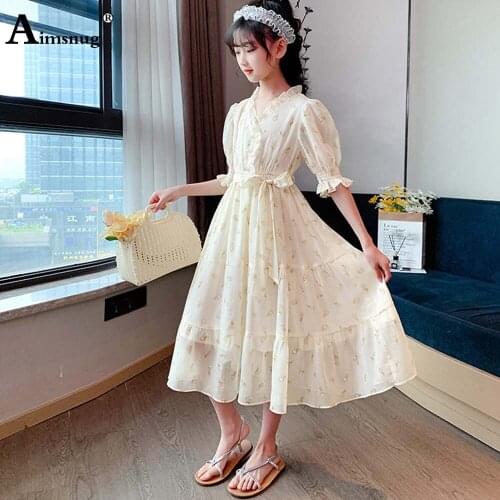 Aimsnug Children Elegant Sweet Flower Print Dress Girls Petal Sleeve Party Dresses 2021 Patchwork Sashes Mid-Calf Princess Dress