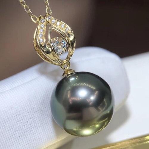 D518 Pearl Pendant Fine Jewelry Solid 18K Gold Round 12-13mm Nature Sea Water Tahiti Black Pearls Pendant Necklaces