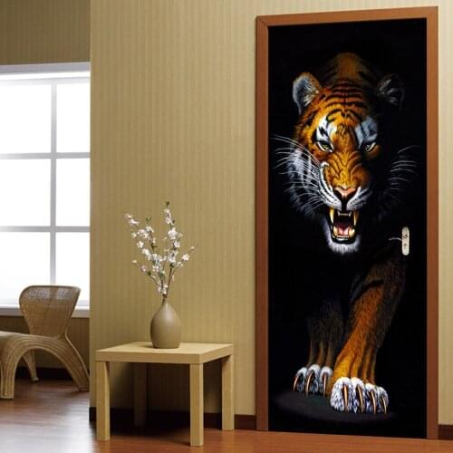 PVC Self Adhesive Waterproof Wallpaper 3D Stereo Tiger Animal Murals Living Room Elders Bedroom Door Sticker Creative DIY Decor