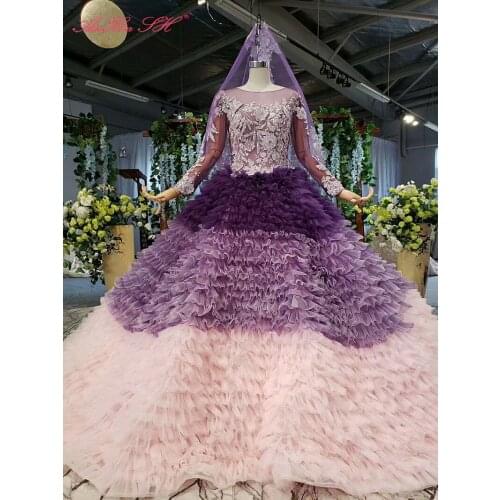 AnXin SH Luxury princess flower pink purple lace o neck beading crystal illusion long sleeve wedding dress 100% real photo