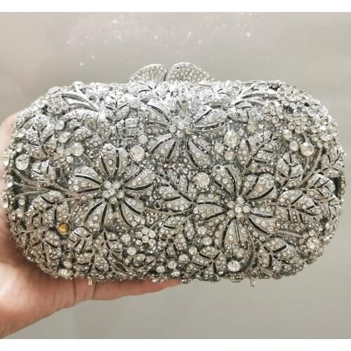 WHTUOHENG Silver Evening Bag Wedding Bridesmaid Handbag High Quality 100% Handmade Flower Money Wallets Mini Banquet Minaudiere