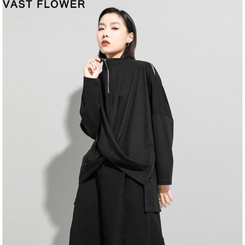 Zipper Draped Irregular Plus Size T-Shirt Women New Stand Collar Long Sleeve Loose Casual Tee Fashion Clothes Spring Summer 2021