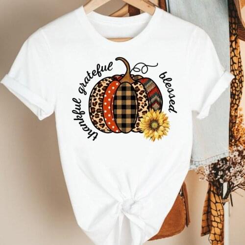 Women Autumn Flower Pumpkin Leopard Fall Thanksgiving Halloween Clothing Cartoon Print Tshirt Female Tee Top Graphic T-shirt
