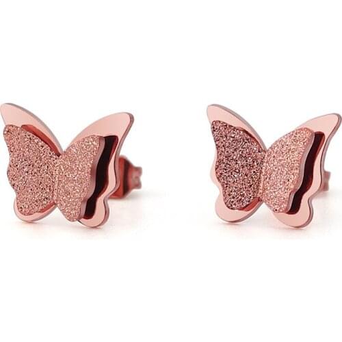 AsJerlya Pressure Sand Dull Polish Butterfly Ear Stud Double Layer Titanium Steel Stainless Steel Rose Gold Earrings Womens