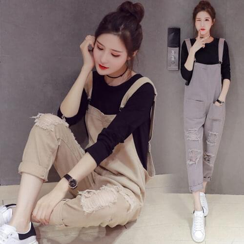 Overalls Womens 2021 Spring and Summer New Korean Version of Loose Jumpsuits with Holes In Nine-point Pants