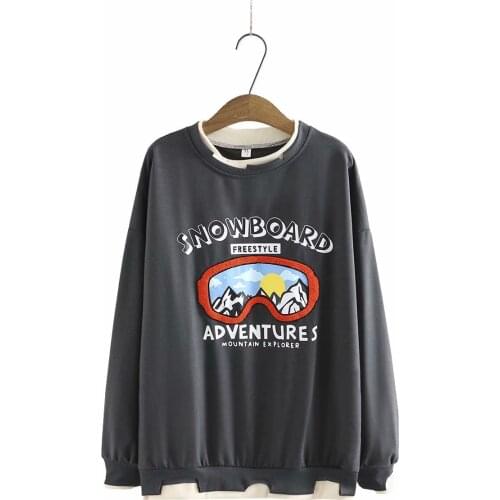 Plus size O-Neck print Fake two loose Womens Sweatshirts 2021 fashion blue gray Khaki spring autum pullover Woman clothes