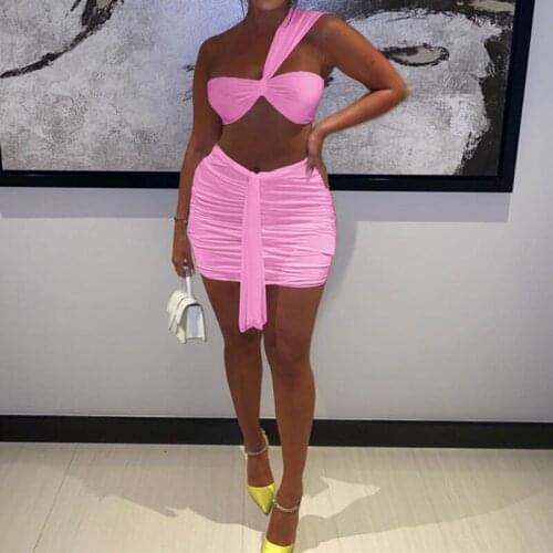 Summer Women Streetwear One Crop Shoulder Strapless Top And Mini Ruched Bandage Mini Skirts Two Piece Sets Solid White Outfits