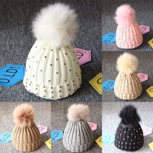 Winter Newborn Baby Boys Girls Kitted Pompon Beanies Caps Warm Fur Sequins Knit Beanie Hat Fleece Crochet Caps One Size