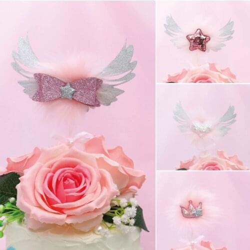 1PC Gold Shiny Heart Angel Wings Cake Toppers Glitter Pink Bow-Knot Cupcake Top Flag Glitter Star Birthday Decor Cake Supplies