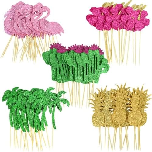 10pcs Palm Leaves Flamingo Cupcake Topper Hawaiian Luau Summer Party Cake Decoration Kids Jungle Birthday Party Tropical Wedding