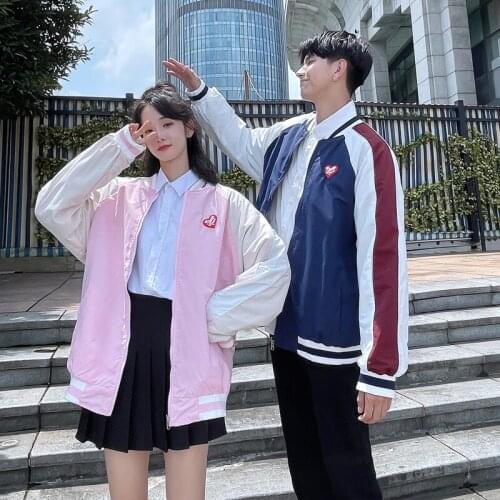 8605# Couples fall/winter checkered two-side jacket baseball uniform couples clothes couples clothing