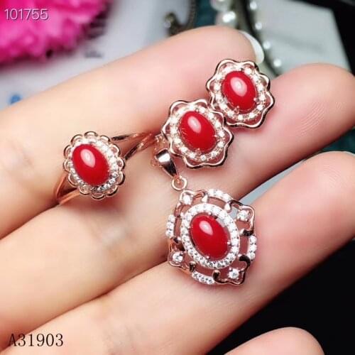 KJJEAXCMY boutique jewelry 925 pure silver inlaid natural red coral jewelry pendant necklace ring ear nail set support detection