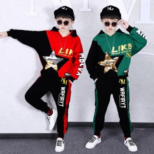 Spring Autumn Kids Cotton Clothes Sets Boys Five-pointed star Sequins Suit Coat Boys Pants Sportswear Students Trousers