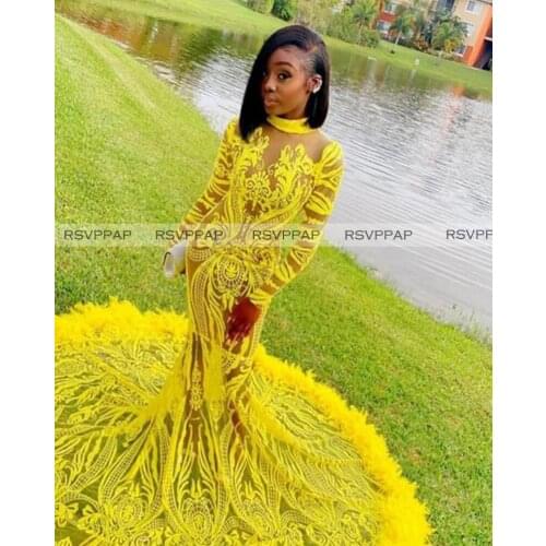 Yellow Mermaid Long Prom Dresses 2021 Sexy See Through High Neck Glitter Sequin Feathers Long Sleeve Africa Girl Prom Gowns