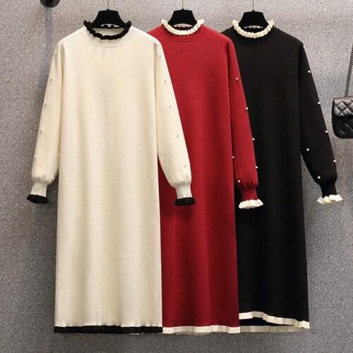 EHQAXIN Autumn Winter New Style Plus Size Womens All-Match Dresses Stitching Knitted Dress Shirt Elegant Blouse L-4XL