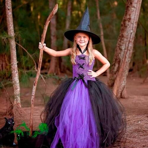 Purple Black Fluffy Halloween Girl Tutu Dress Little Witch Children Party Costume Christmas fancy Kids Baby Vestidos Ball Gown