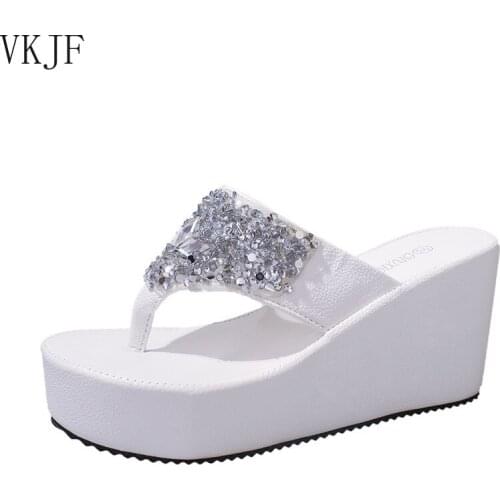 Summer New Womens Flip-flops Slippers Outside Fashion Rhinestone Wedges Flip-flops Thick-soled Platform Slippers Slides