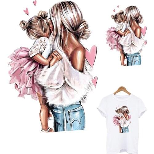 Loving Mon&Girl Thermal Sticker On Clothes DIY A-Level Washable Iron On Patches Girl T-Shirt Hoodies Heat Transfer Famliy Decor