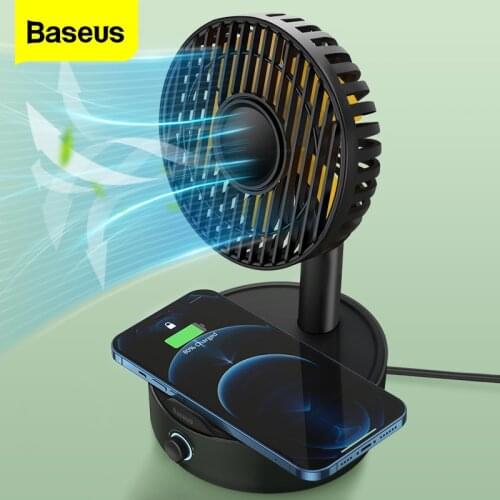 Baseus Mini USB Fans Oscillating Cooling Fans Wireless Charger 10W Fast Charging For iPhone 12 Xiaomi Huawei Samsung Storage Box