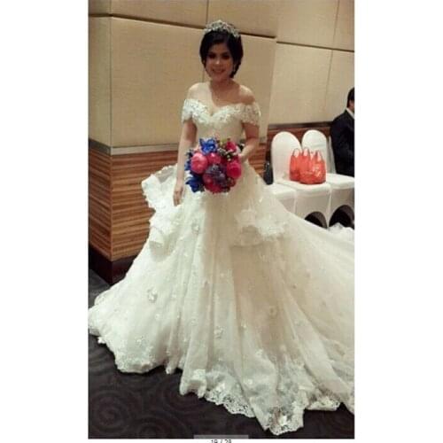 Glamorous Off the Shoulder Flower Appliqued Ruffled Peplum Chapel Train Wedding Dresses