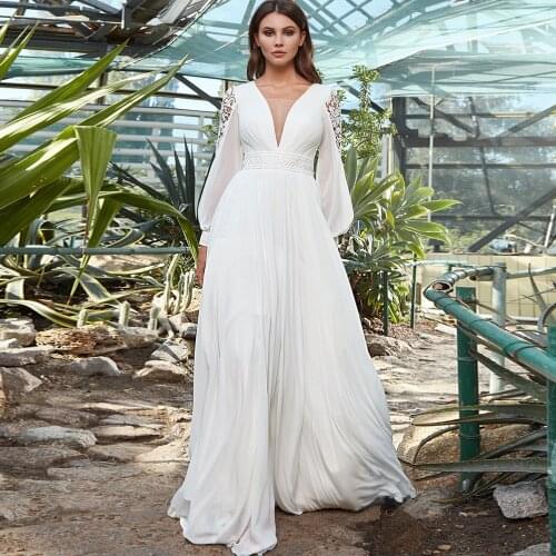 2021 New Long Sleeve Wedding Dresses Floor-length Chiffon Beach Bride Dress Boho vestido de fiesta de boda