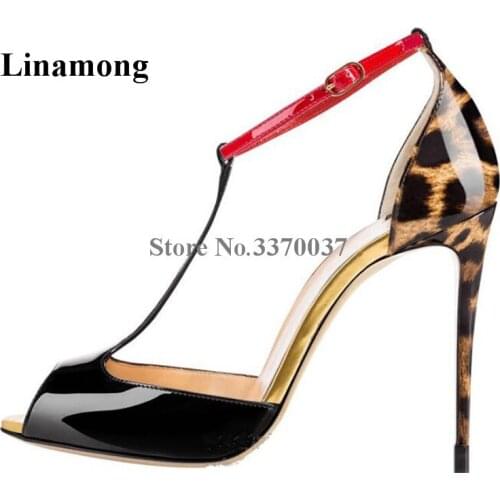 Women Brand Fashion Peep Toe Patent Leather T-strap Stiletto Thin Heel Pumps Patchwork Colors High Heels Formal Dress Shoes