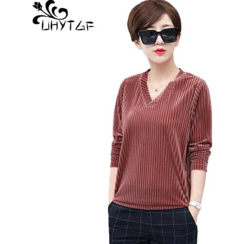 UHYTGF Elegant Women5XL Plus Size Tops Coat High-End Corduroy Autumn T-Shirt Female Fashion Striped Casual Bottoming Clothes1337