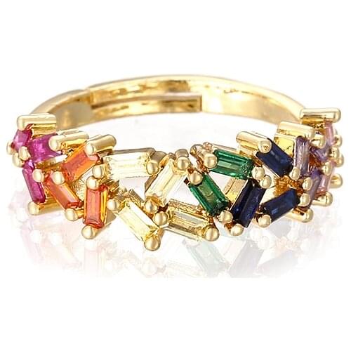 High quality Womens gold cz ring adjustable rainbow ring zircons colorful crystal copper ring jewelry gift for woman