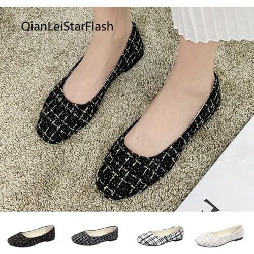 Plus Size 35-43 Woman Loafers Square Toe Slip on Flat Shoes Women Flats Plaid Shallow Shoes Dress Shoes zapatos mujer