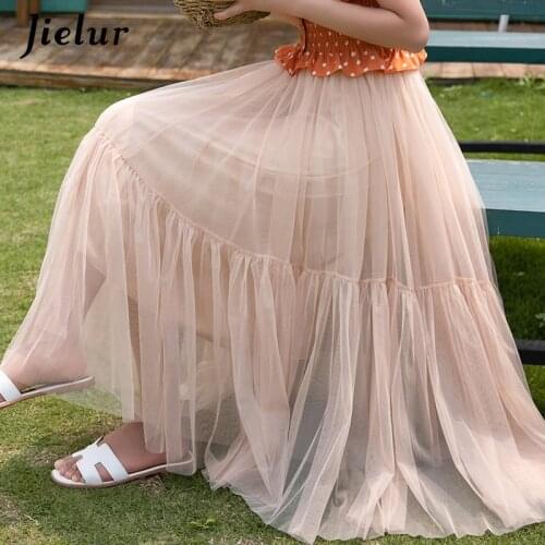 Jielur 2021 New Summer Skirt Loose Slim Mesh Tulle Skirts Womens Chic Female Jupe Tutu A-line Elastic Waist Solid Color Skirts