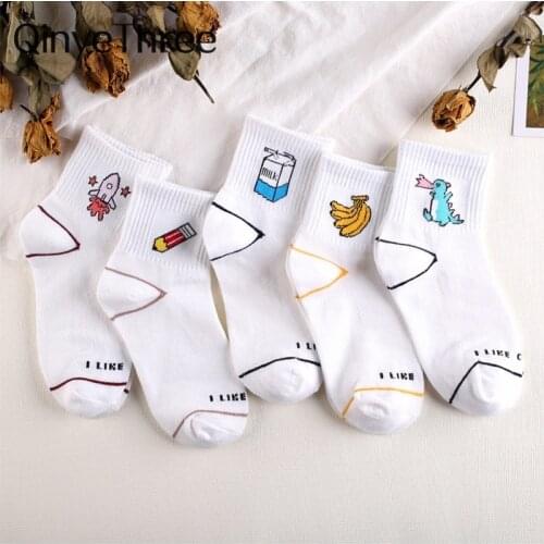 Women Kawaii Milk Banana Dinosaur Pencil Rocket Cartoon Socks Novelty Illustration Letter White Cute Cotton Sokke Dropship