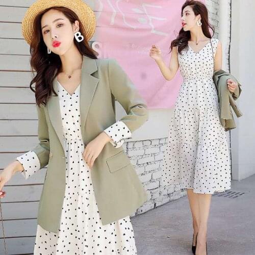 2020 Summer Woman Elegant Office Work Fashion Slim Fit Blazer Coat + Knee-length Polka Dot Strap Dress 2 Piece Sets Suit H158