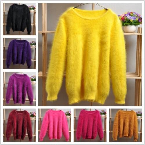 Factory clearance female women hairy real mink cashmere knitted long sleeves slim blouses pullover angora fur jumper sweater top