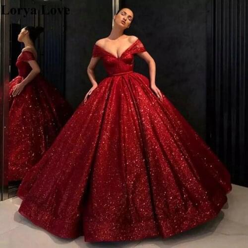 Wine Red Ball Gown Sequin Evening Dresses 2020 Women Formal Party Sexy Long Robe De Soiree Prom Gowns Off The Shoulder Vestidos
