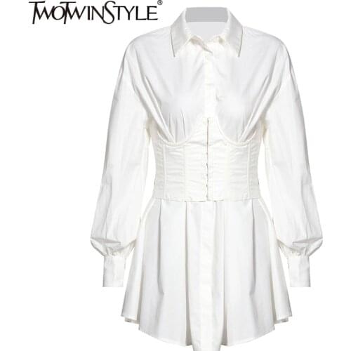 TWOTWINSTYLE Vintage Dresses For Female Lapel Collar Lantern Long Sleeve High Waist Tunic Ruched Elegant Dress Women Clothes New