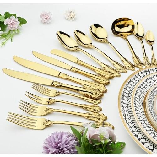 Gold Dinnerware Vintage Tableware 18/10 Silverware Stainless Steel Flatware Dinner Knife Fork Spoon Wedding Xmas Western Cutlery