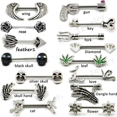 10 Pairs Surgical Steel Nipple Ring Key Leaf Cute Hand Feather Piercing Barbells Bar Body Jewelry 14g Wholesale